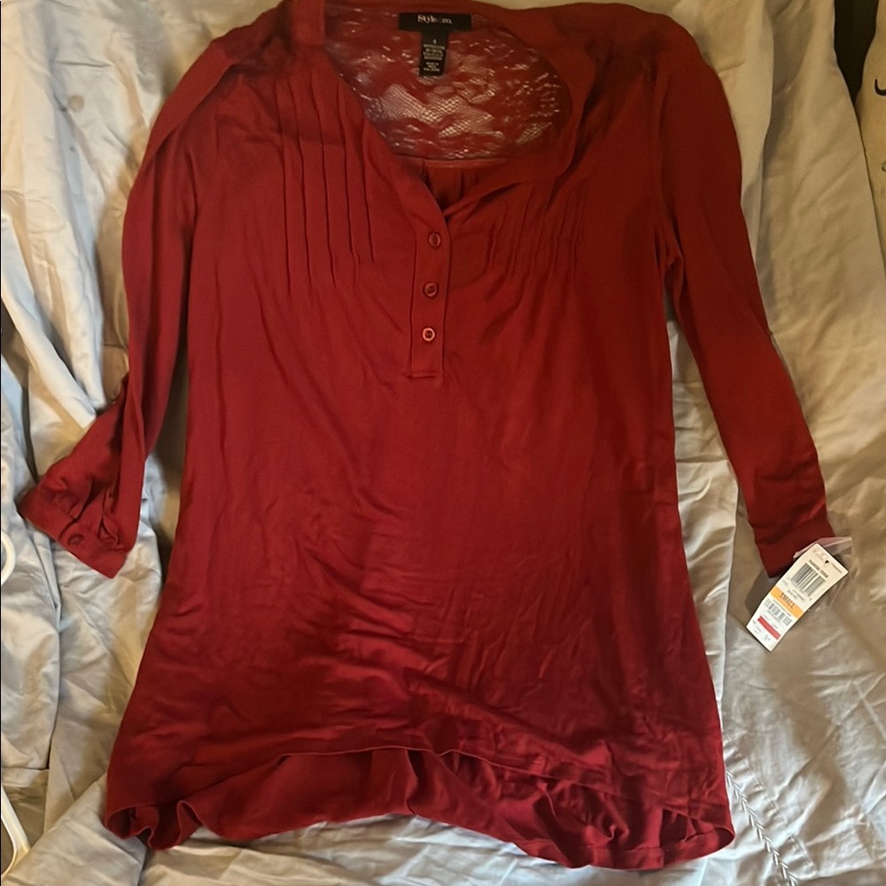 Style & Co Red Blouse with Cuffed Sleeves and Mandarin Collar